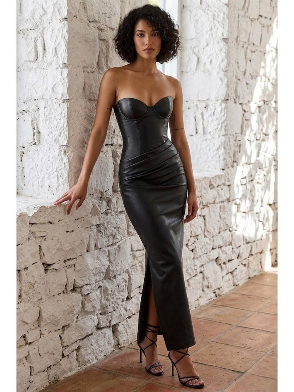 NWT House Of CB Juliana Strapless Vegan Faux Leather Dress in Black L Plus Cup